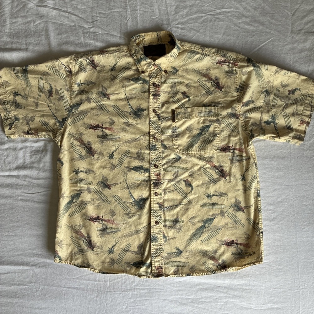North River Fishing Fly Lures Graphic Printed Yellow Button Up Shirt Men's Large
